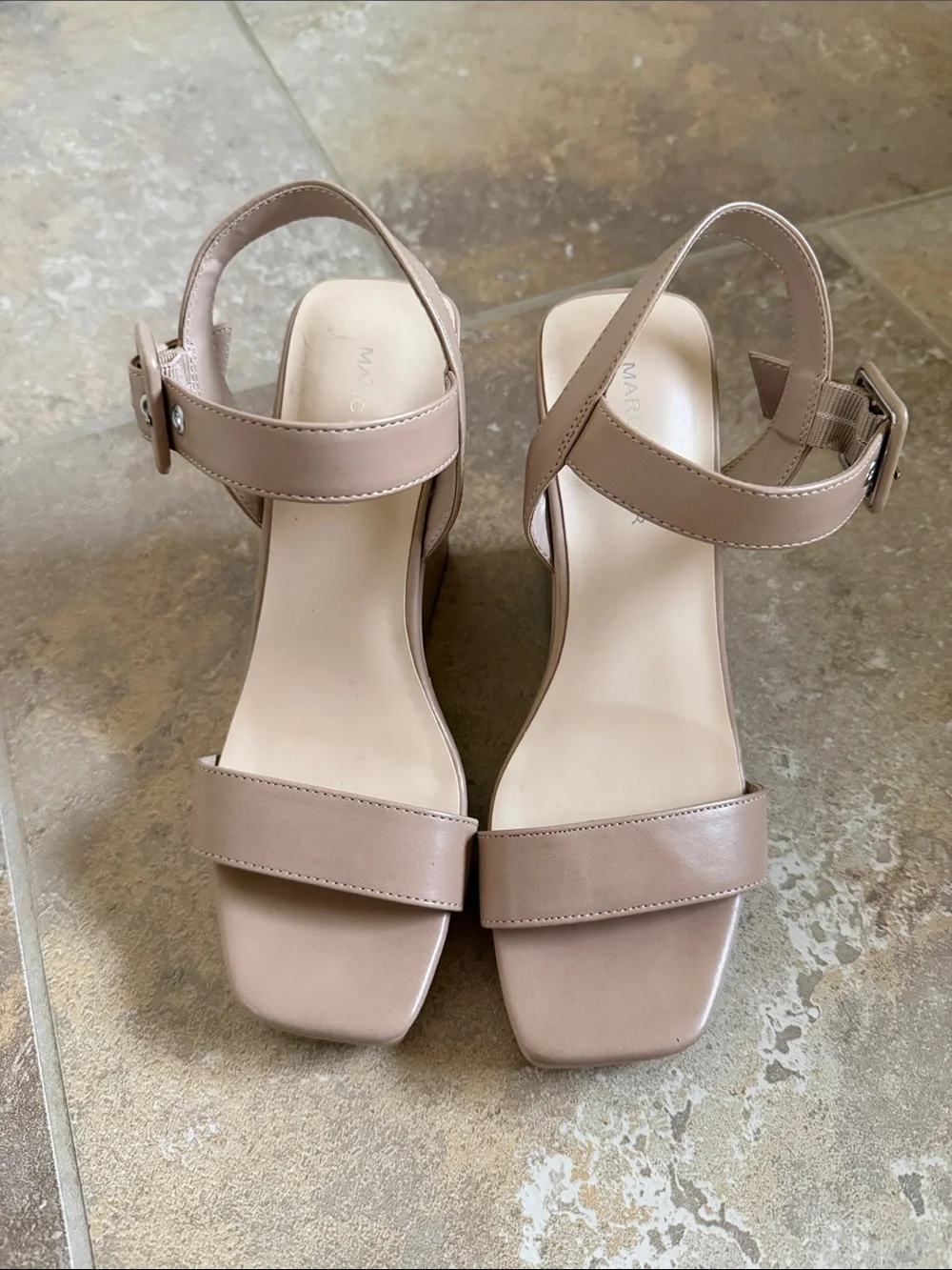Marc Fisher Nude Tan Square-Toe Block Heel Sandals with Ankle Strap
